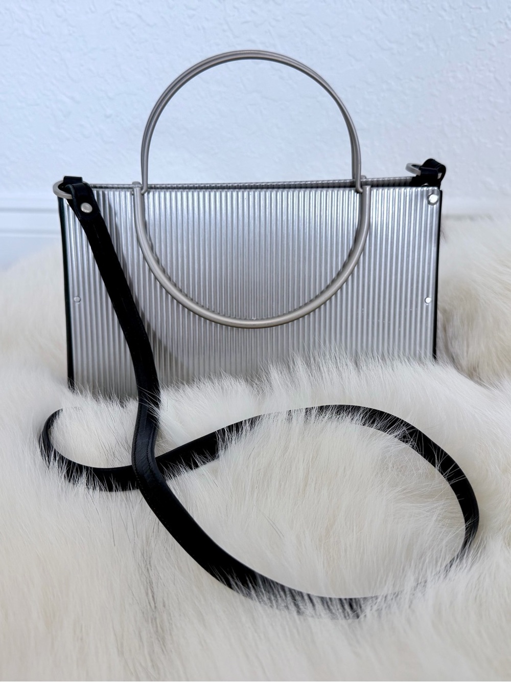 NEW Wendy Stevens Handbag Stainless Steel Crossbody  Black Leather Strap - RARE